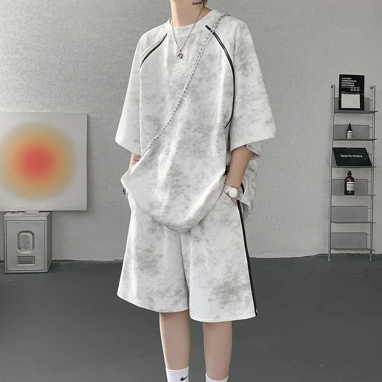 美式扎染运动两件套套装男生痞帅短裤2025夏季痞帅工装风T恤套装