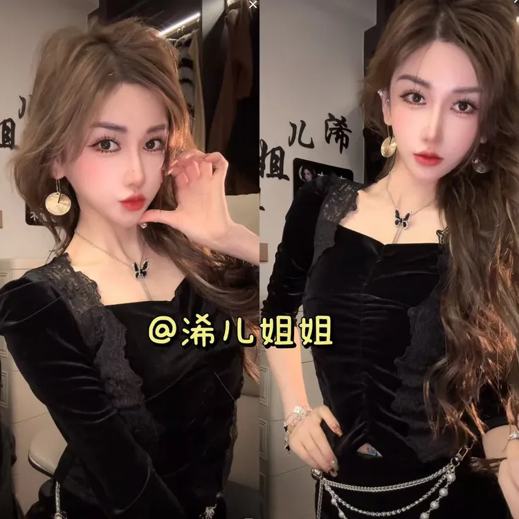 方领蕾丝拼接丝绒上衣