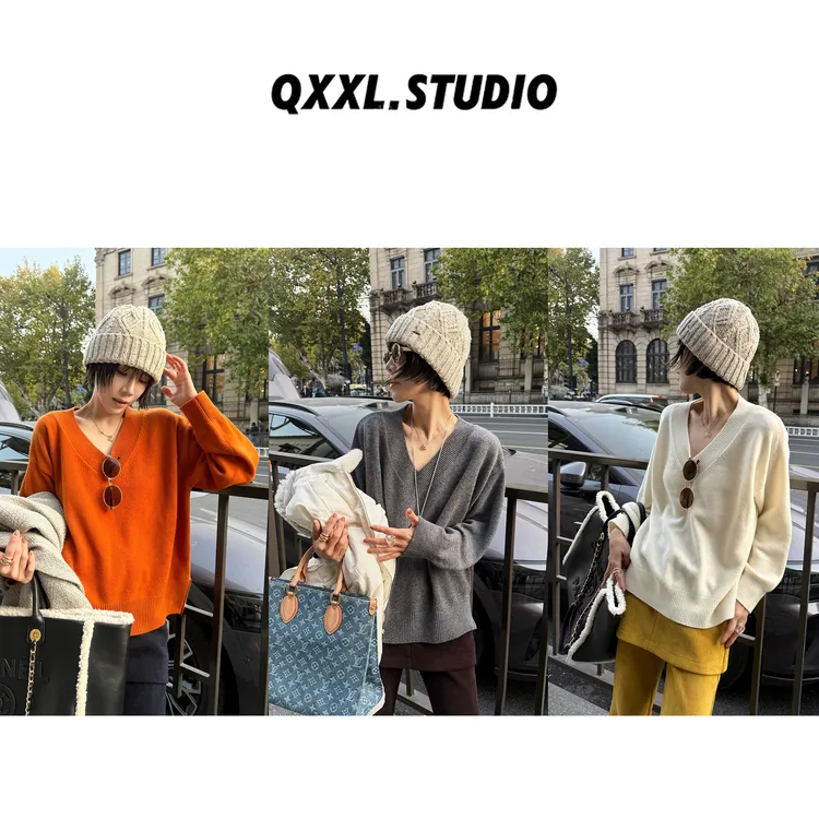 邱小小丽呀 冬季新款复古V领针织毛衣女慵懒宽松百搭舒适套头上衣