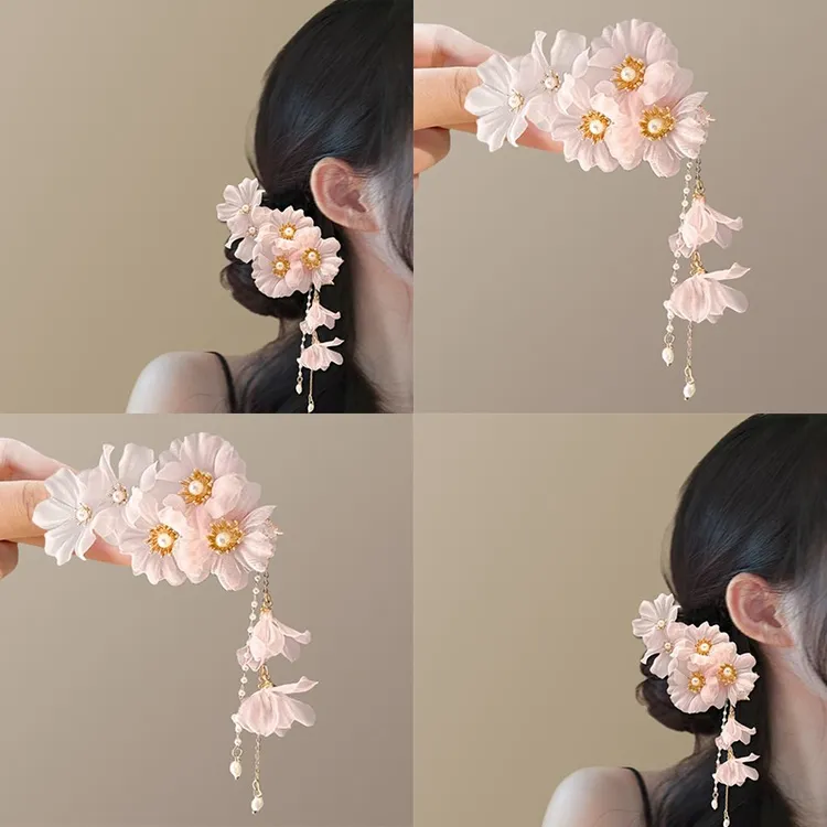 桃花源~ 超仙花朵流苏发夹气质侧边盘发夹旅游拍照发饰春薄纱边夹