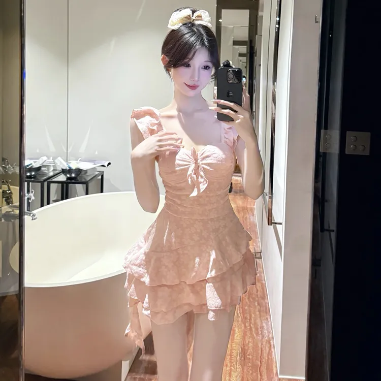 FMY/蕾丝连体泳衣女高级聚拢气质夏季显瘦遮肚纯欲风甜美收腰法式