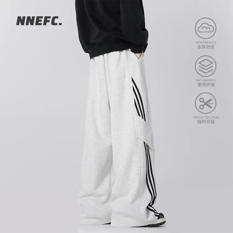 NNEFC条纹运动裤男春美式复古弯刀阔腿休闲裤子高街宽松拖地卫裤