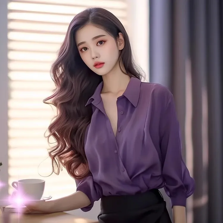 紫色衬衫女长袖2025新款春装高级感洋气宽松显瘦衬衣法式百搭上衣
