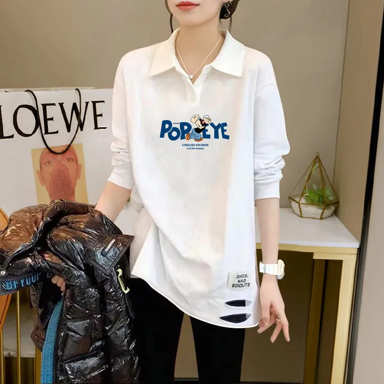 长款出游服装女宽松长袖t恤POLO领减龄上衣秋季新款慵懒风打底衫