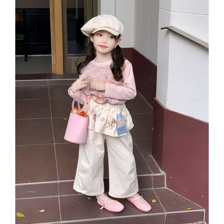 壹妈韩版套装女童秋季套装洋气儿童粉色长袖t恤上衣屁帘休闲长裤
