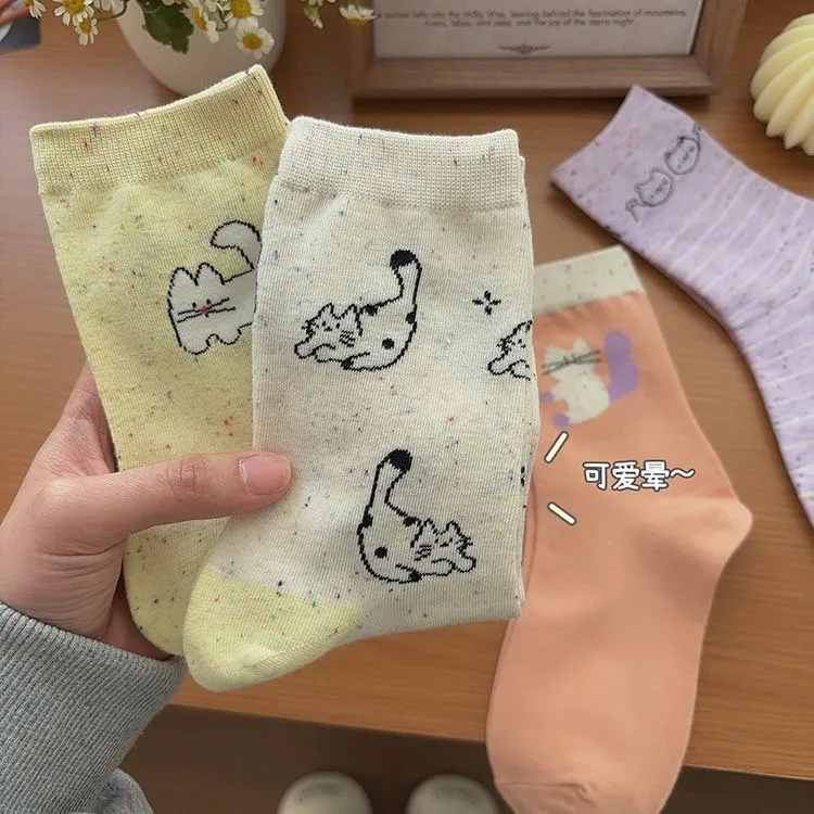 10双【可爱点子纱】卡通袜子女款纯棉100%全棉韩版刺绣小猫中筒甜美