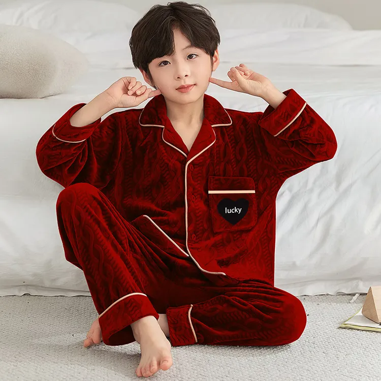儿童睡衣秋冬季男童海岛绒2026新年红色本命年男孩珊瑚绒冬家居服