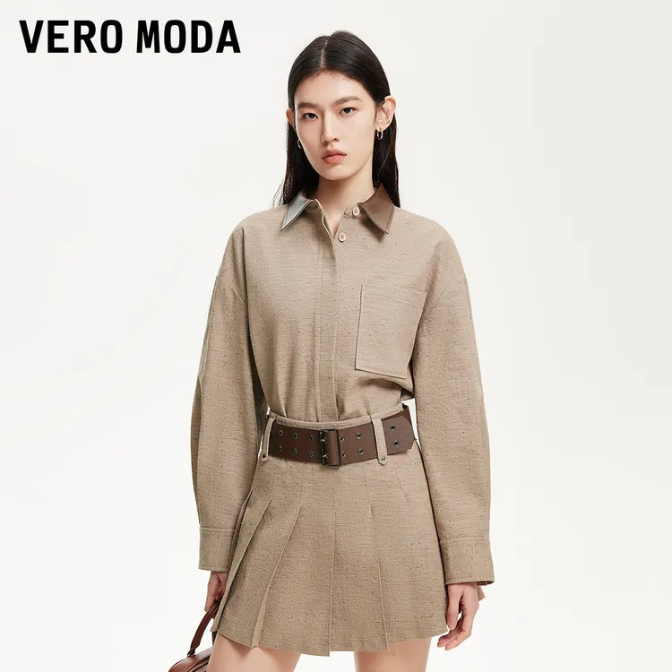 Vero Moda衬衫商场同款复古巴恩风PU拼接领挺阔流光风325105031