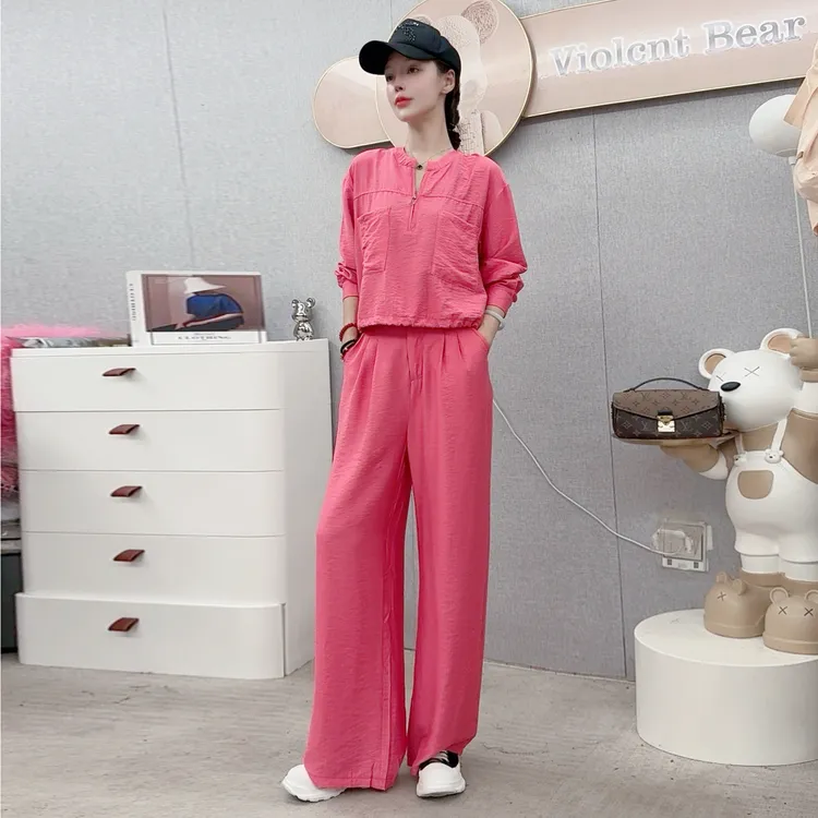 时尚套装女春季新款时髦洋气长袖上衣高腰阔腿裤气质两件套潮女款