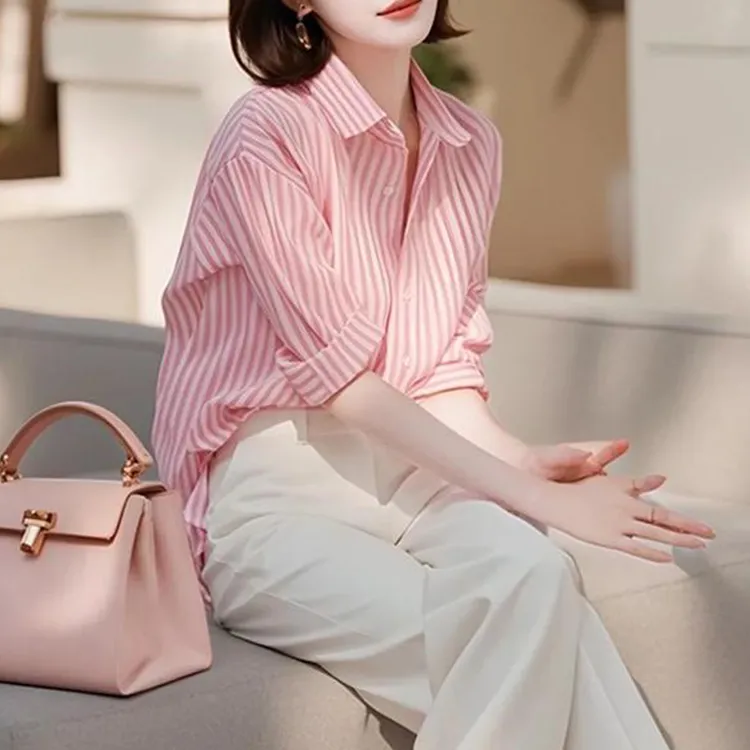 春夏防晒长袖衬衫慵懒风小众气质洋气秋季减龄高级感粉色条纹衬衣