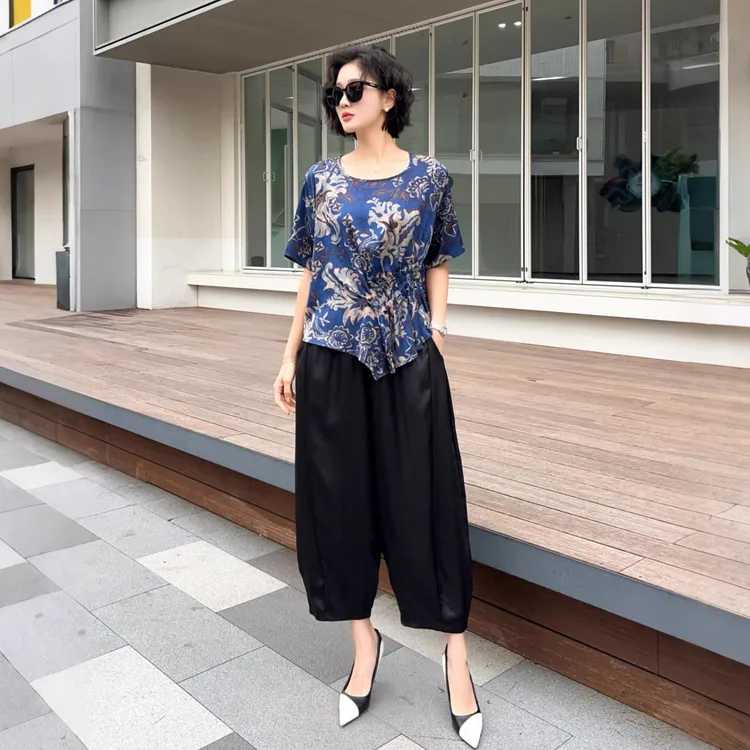3133国风新中式不规则贵夫人气质春夏新款大码宽松上衣阔褪裤套装