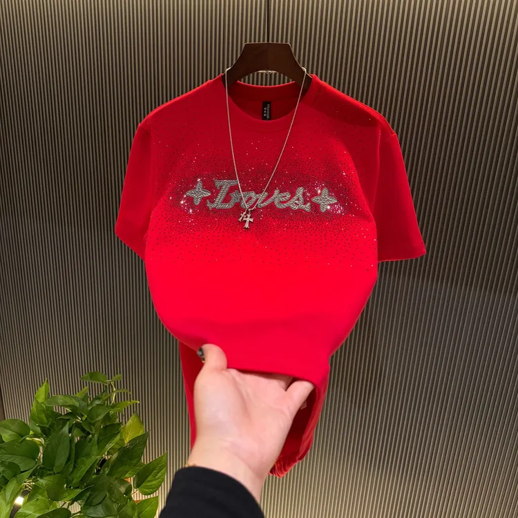 新年男士秋冬短袖烫钻刺绣LOVE男上衣半袖爆款轻奢高定圆领百搭
