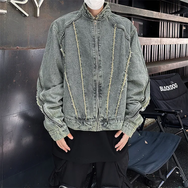 男装潮牌复古小众水洗牛仔外套男街头立领工装潮流痞帅机车夹克男