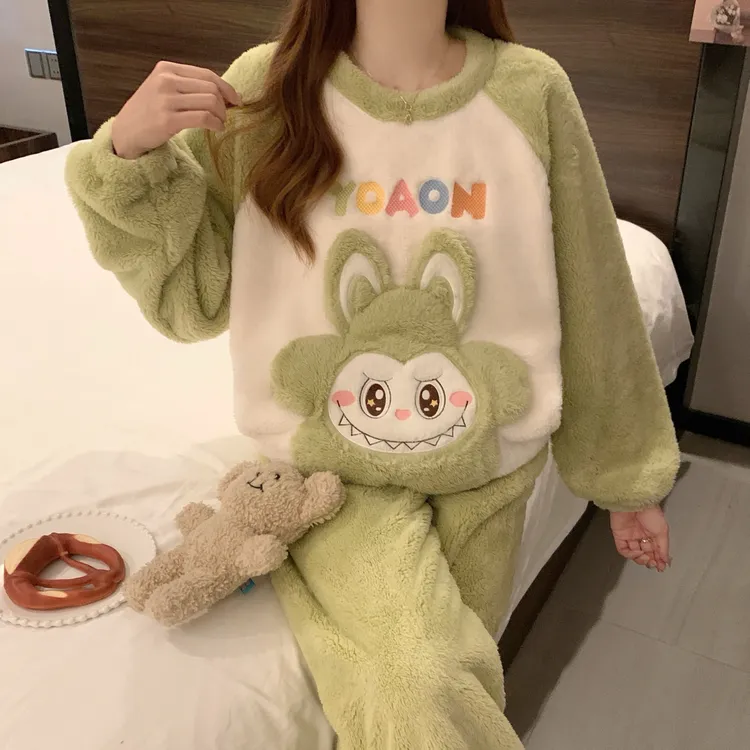 秋冬季大码甜美可爱卡通学生少女加厚长毛绒睡女衣保暖家居服套装