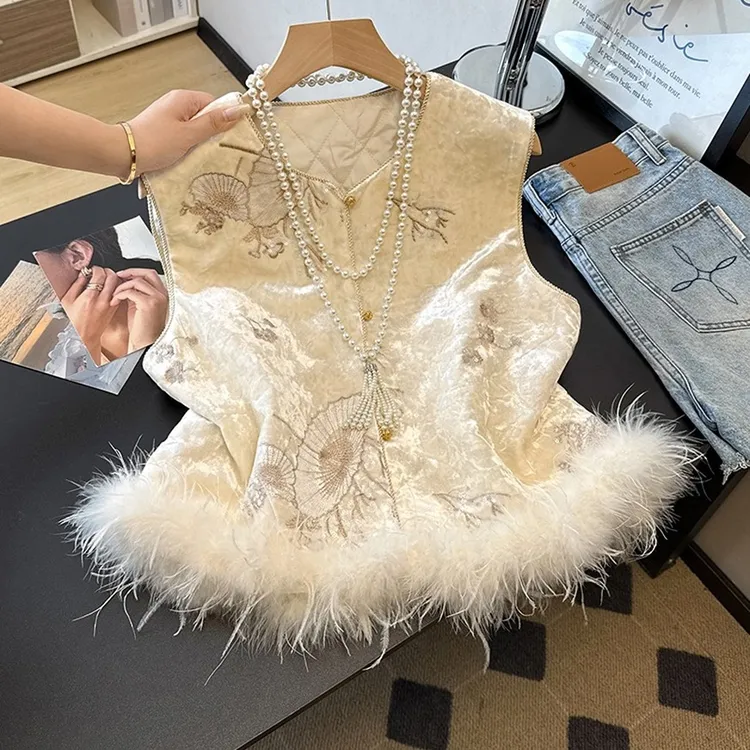 【加棉加厚！毛毛可拆卸】新中式刺绣绣花马甲秋冬国风拼接鸵鸟毛