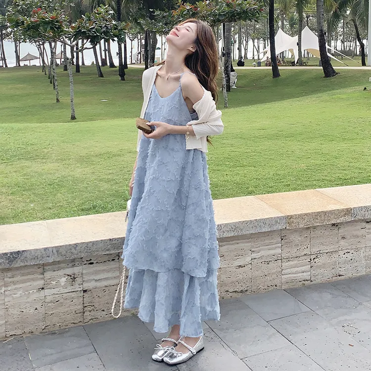 清纯系松弛感连衣裙两件套2025秋新款提花吊带裙针织开衫两件套