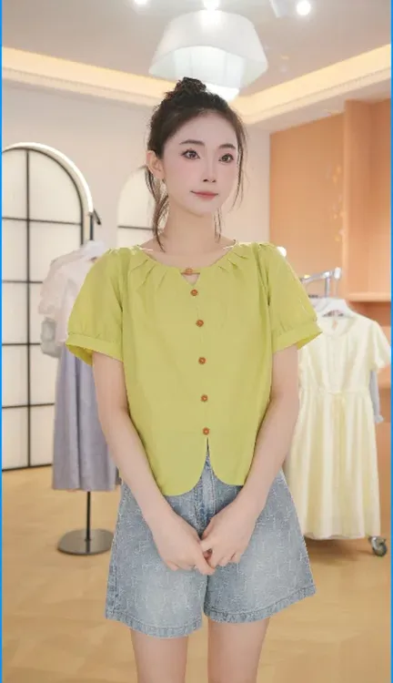 F2908时尚短袖衬衫夏季新款洋气减龄小个子圆领小衫百搭宽松上衣