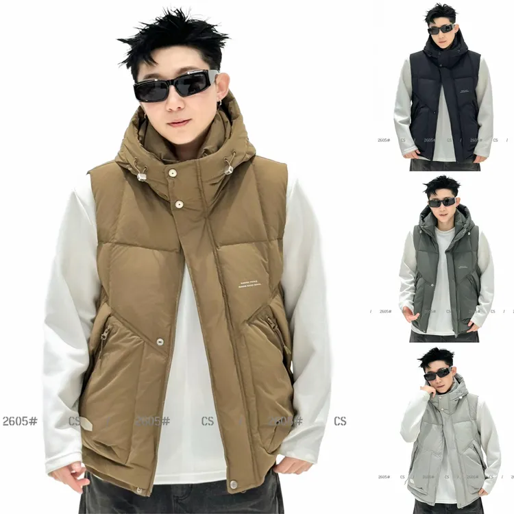 秋冬新款男士连帽羽绒马甲时尚纯色休闲工装男保暖上衣潮男机能风