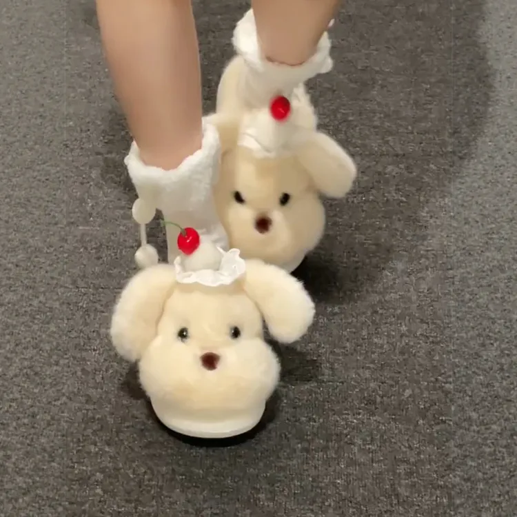 可爱小狗棉拖鞋冬女款毛拖鞋月子鞋家居拖鞋毛毛绒保暖鞋防滑室内