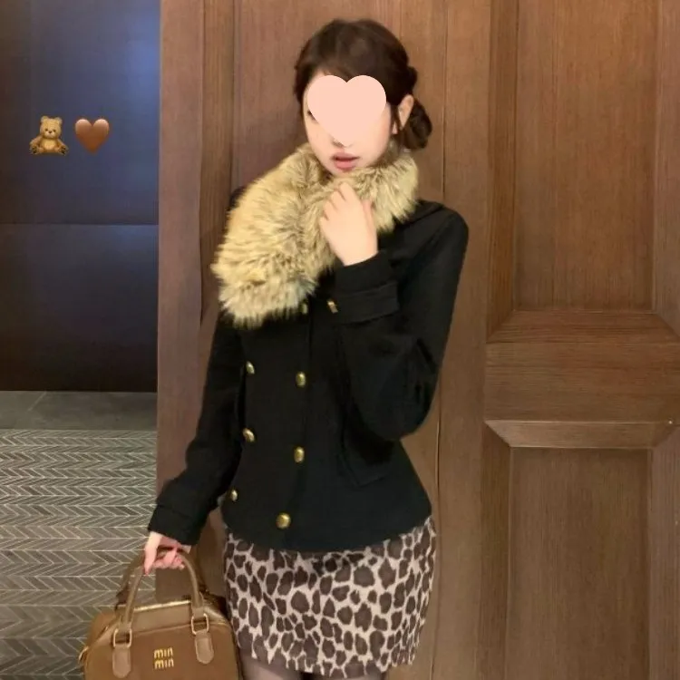 古早感vintage穿搭黑色西装毛呢外套秋冬新款高腰豹纹半身裙套装