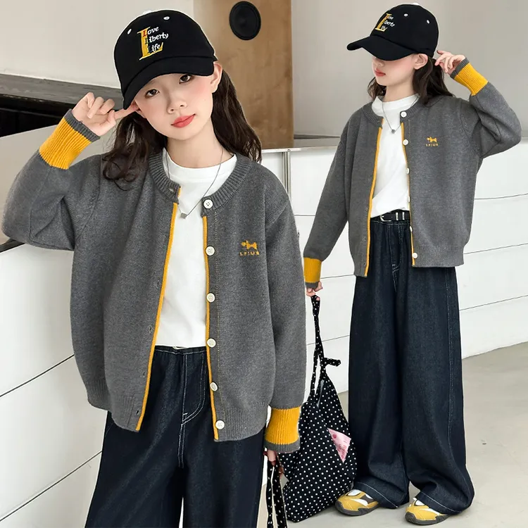 女童开衫毛衣春秋款2025新款洋气儿童秋装中大童牛仔阔腿裤两件套