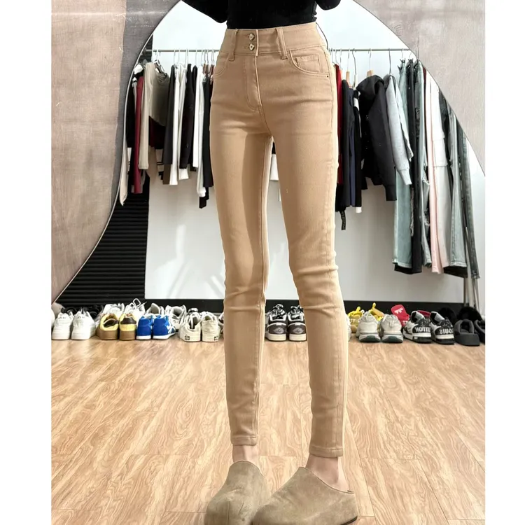 美式复古辣妹紧身高腰显瘦铅笔卡其色牛仔裤女时尚百搭小脚裤子潮