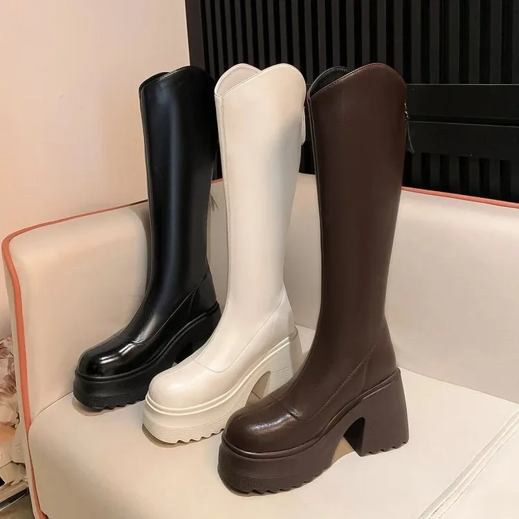 头层牛皮10cm粗跟小个子长筒靴女高跟骑士靴2025新款不过膝高筒靴
