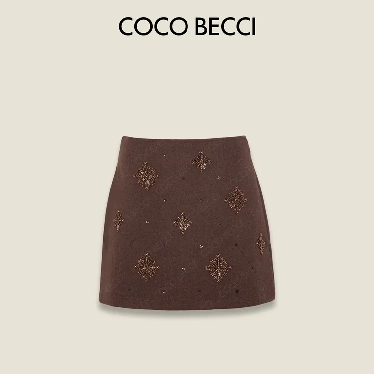 COCO BECCI【星芒毛呢半裙】菱格刺绣钉珠百搭显瘦半裙CFLJC371091