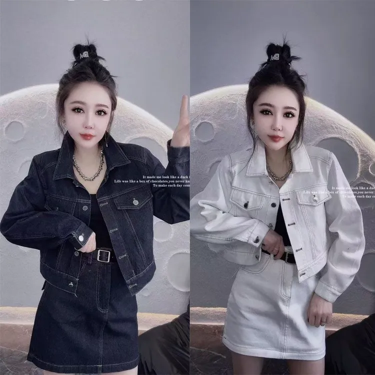2025年春秋网红新款时尚百搭休闲复古显瘦气质牛仔外套短裙套装女
