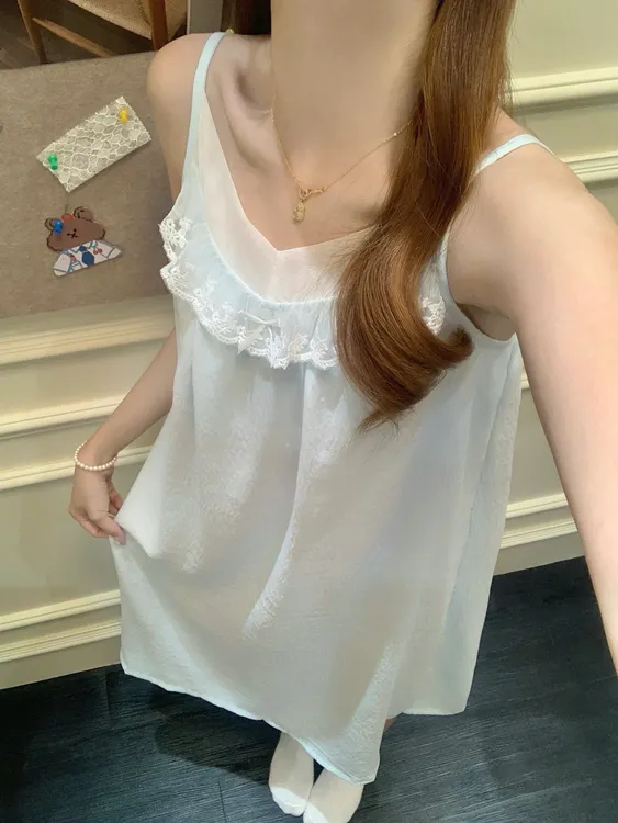 简约公主风吊带睡裙女夏季薄款带胸垫2025新款甜美少女睡衣家居服