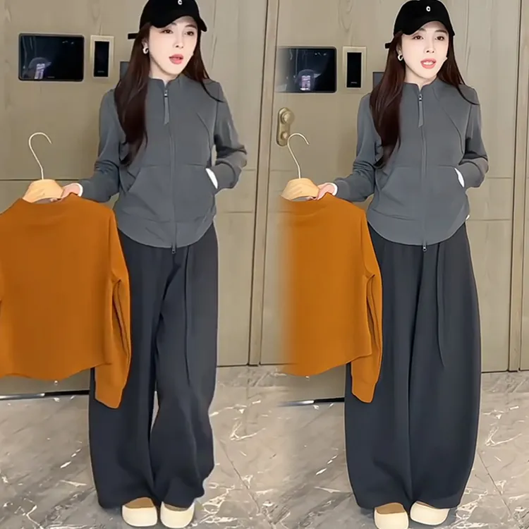 连帽卫衣双拉链开衫外套女秋季新款宽松小个子休闲阔腿裤两件套装