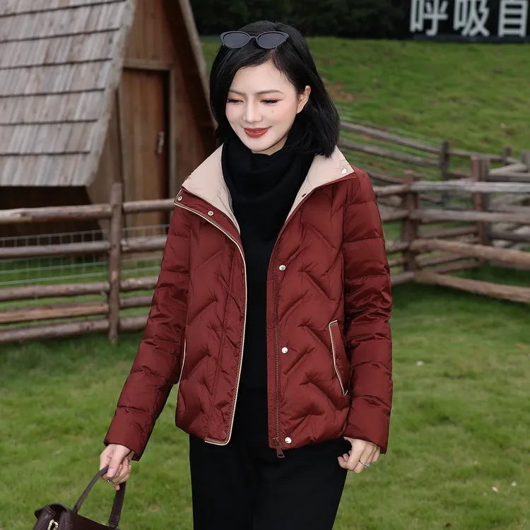 枫竺阿楠anan90白鸭绒立领撞色轻薄款羽绒服女冬季菱格压胶短外套