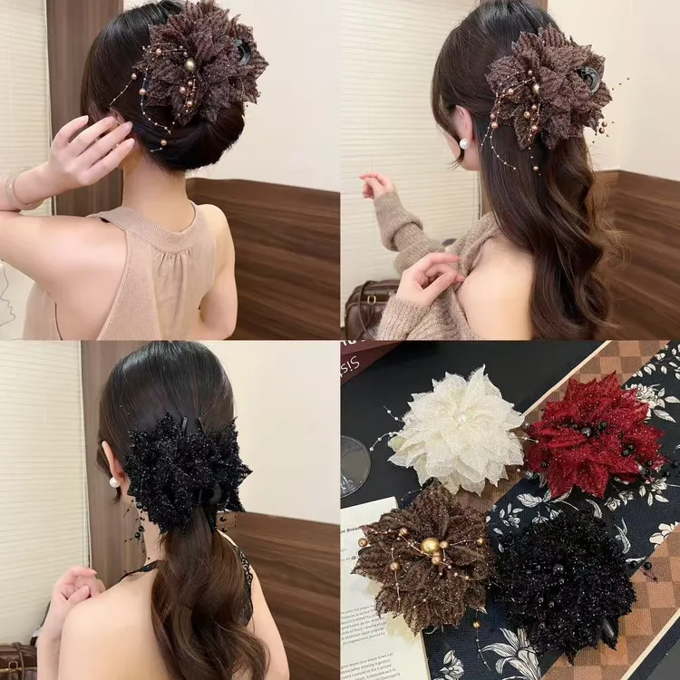 气质流苏花朵抓夹高级感百搭发卡后脑勺鲨鱼夹大号马尾夹发饰女