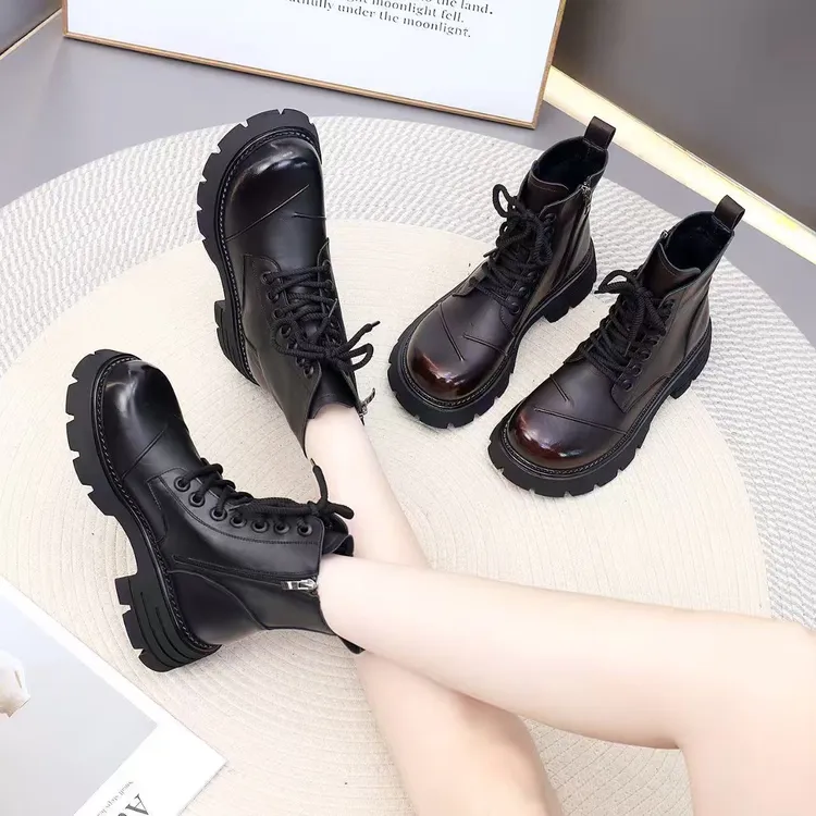 女英伦修面皮纯色马丁靴黑色皮靴加绒单靴868-19