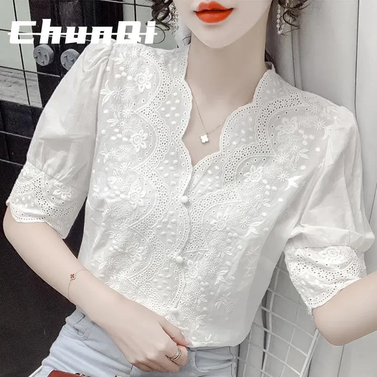 淳启蕾丝衬衫女夏薄款年新款v领短袖镂空设计感小众气质宽松上衣