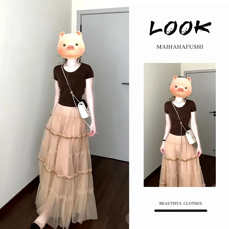 夏季一整套女装2025新款韩版显瘦圆领短袖T恤垂感拼接半身裙套装