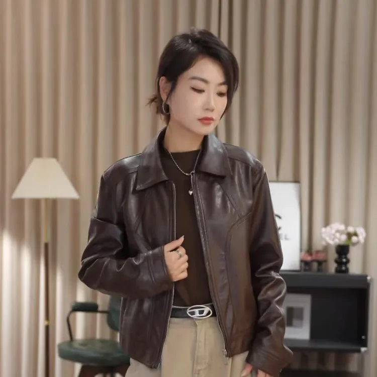 2025复古翻领皮衣外套秋季新款/修身时尚/时髦美拉德9898