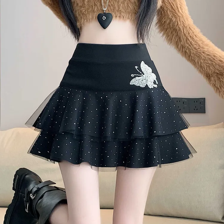 设计感亮钻半身裙2025秋冬新款韩版蛋糕裙松紧腰显瘦a字时尚短裙