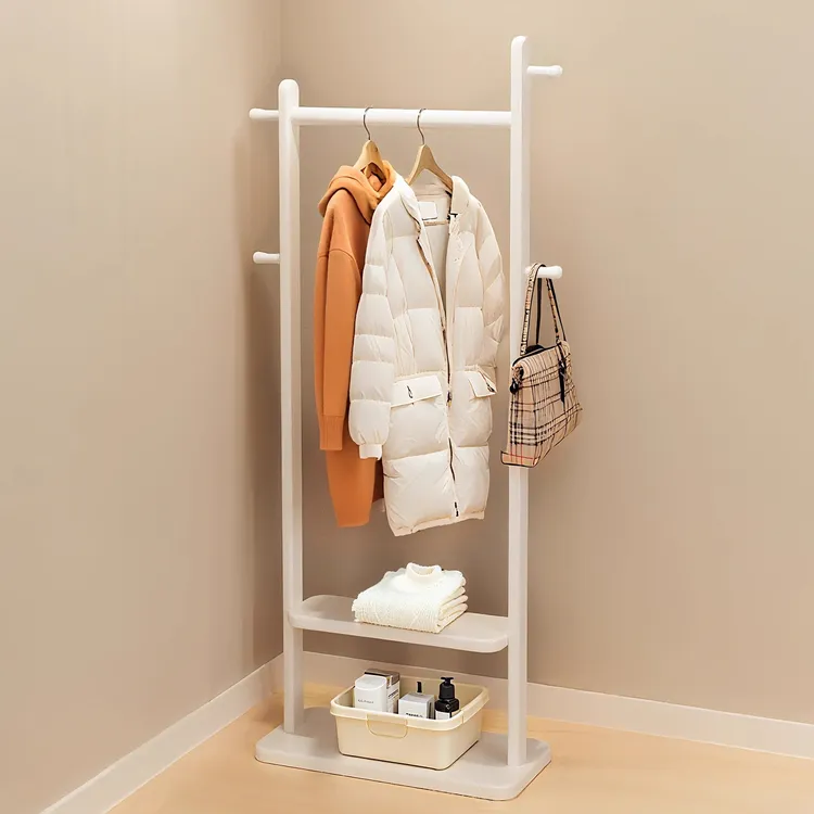 奶油风实木落地挂衣架卧室家用转角大衣架不占空间简易进门衣帽架