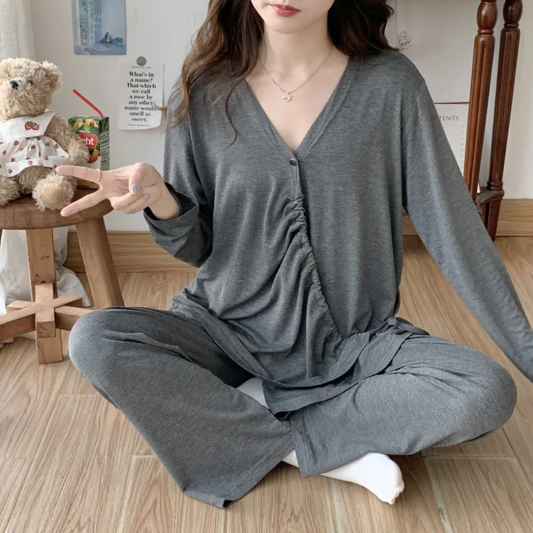 孕妇莫代尔月子服夏季薄款产后哺乳期大码和服睡衣简约待产家居服