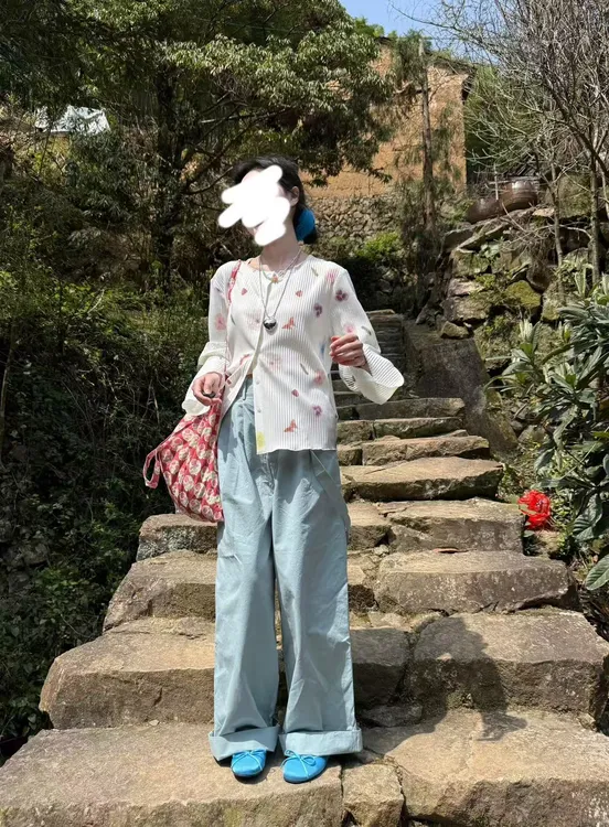 春夏2025新款压褶印花罩衫温柔长袖衬衫女防晒上衣百搭牛仔裤套装