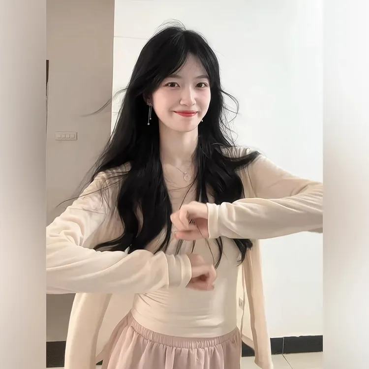 杏色薄纱防晒针织开衫女2025新款夏季薄款披肩外搭罩衫空调衫外套