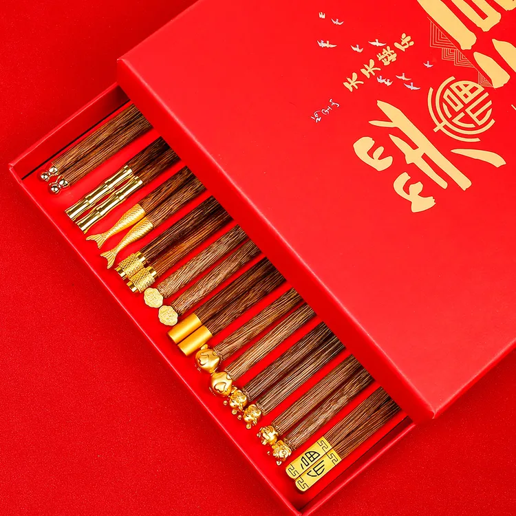 鸡翅木筷子5双10双红礼盒装家用防滑实木礼品筷无漆无蜡高档中式