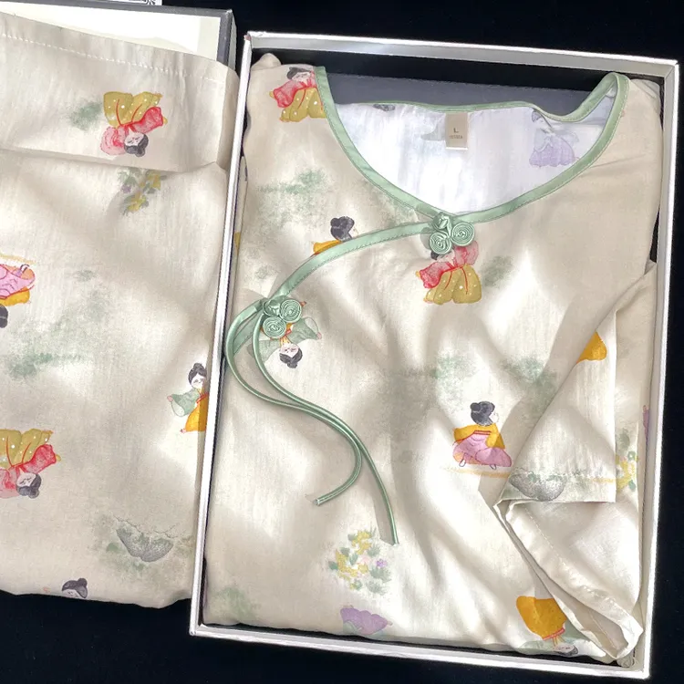 短袖睡衣女夏季国风新中式绵绸透气圆领套头棉绸复古家居服可外穿