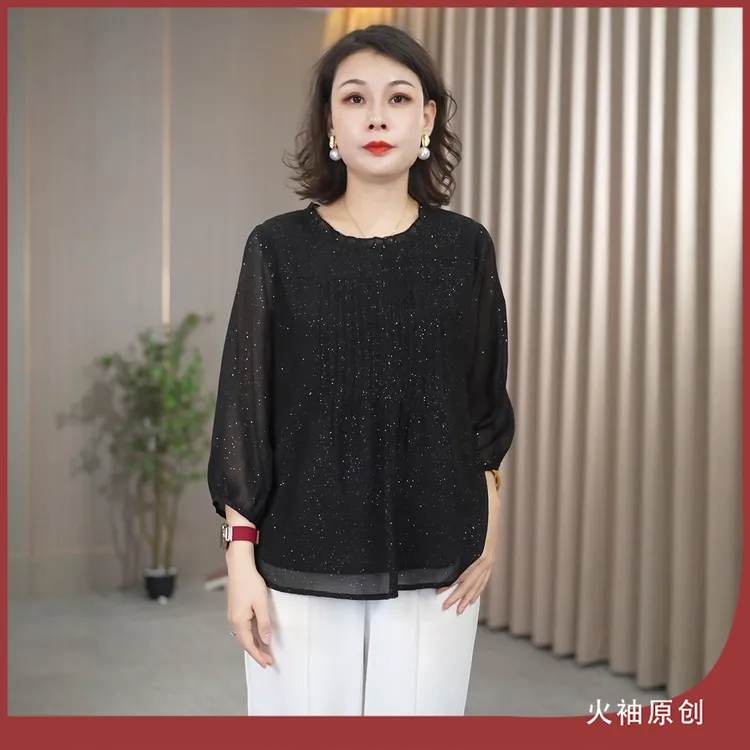 火袖G1534中老年气质黑色上衣早秋新款宽松显瘦长袖洋气细闪小衫