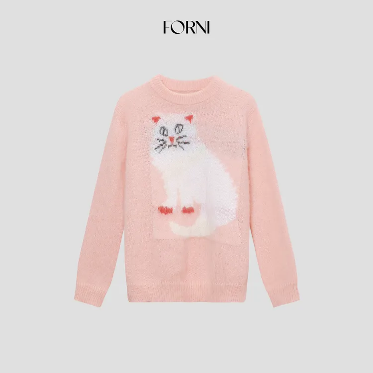 FORNI pink cat可爱猫咪毛衣圆领宽松提花针织上衣