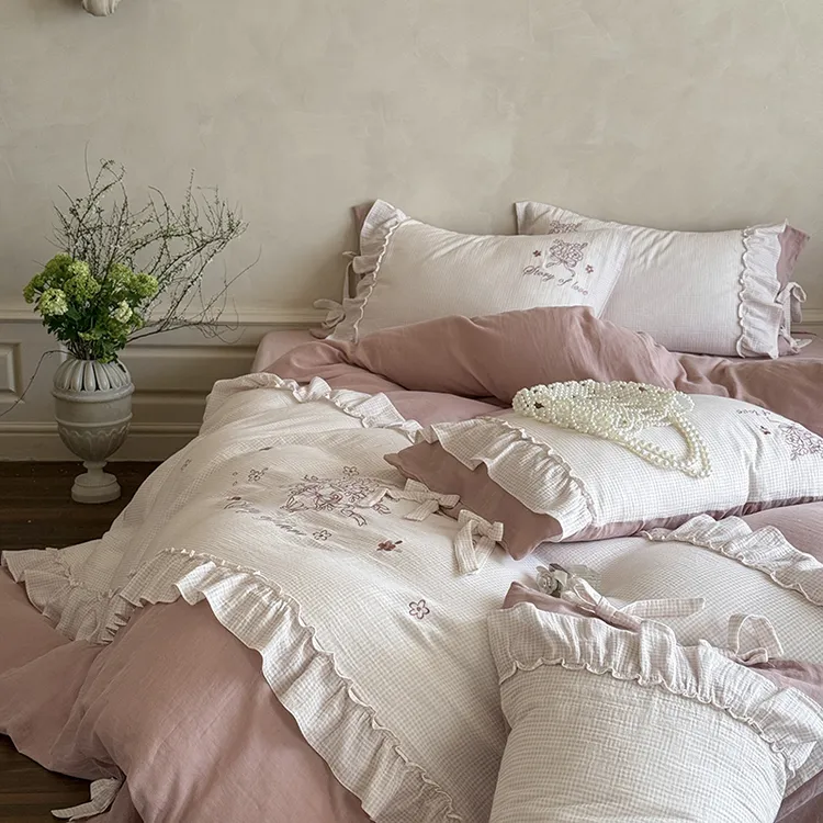 轻奢法式全棉双层纱公主风四件套纯棉花边被套床单双人床上用品