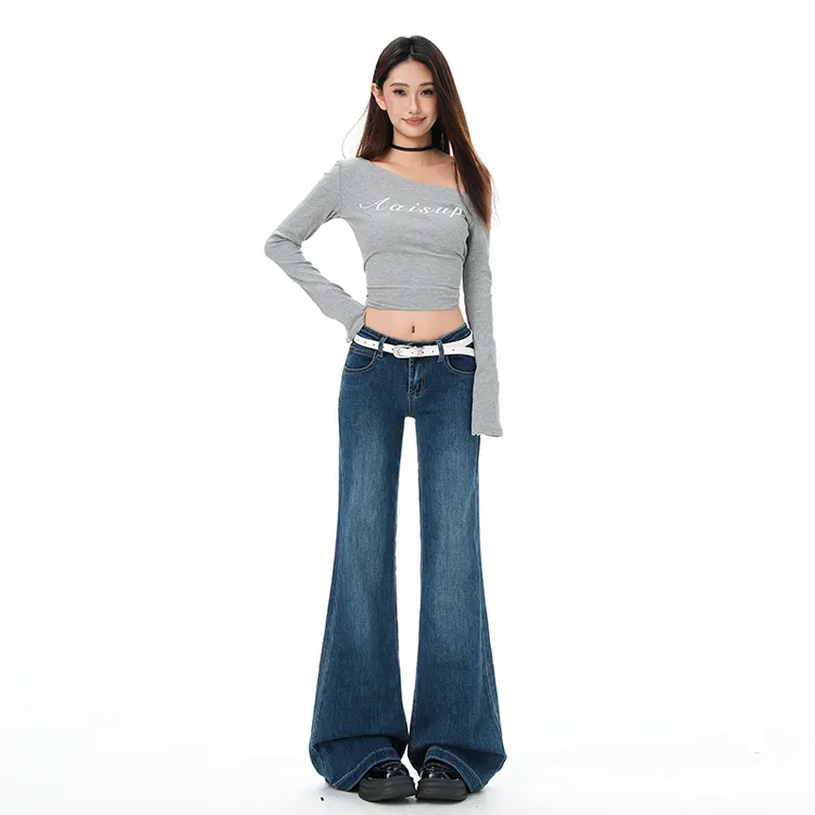 复古蓝低腰微喇叭牛仔裤女2025年秋季新款弹力直筒不贴腿喇叭裤子