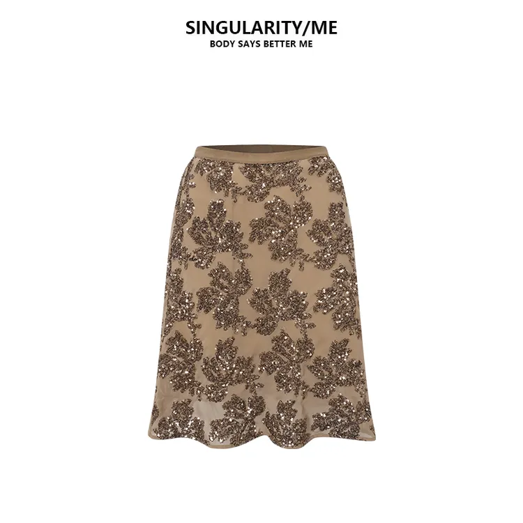 Singularity Me 12A 1138 法式优雅亮片花朵轻薄松紧腰半身裙