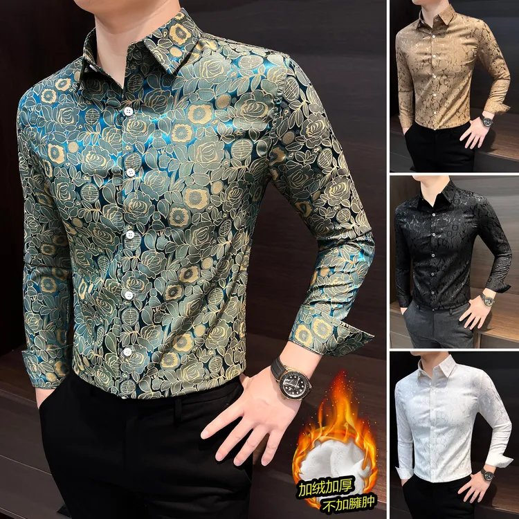 碎花长袖衬衫男款爆款2025新款秋冬季加绒加厚保暖中国风男士衬衣